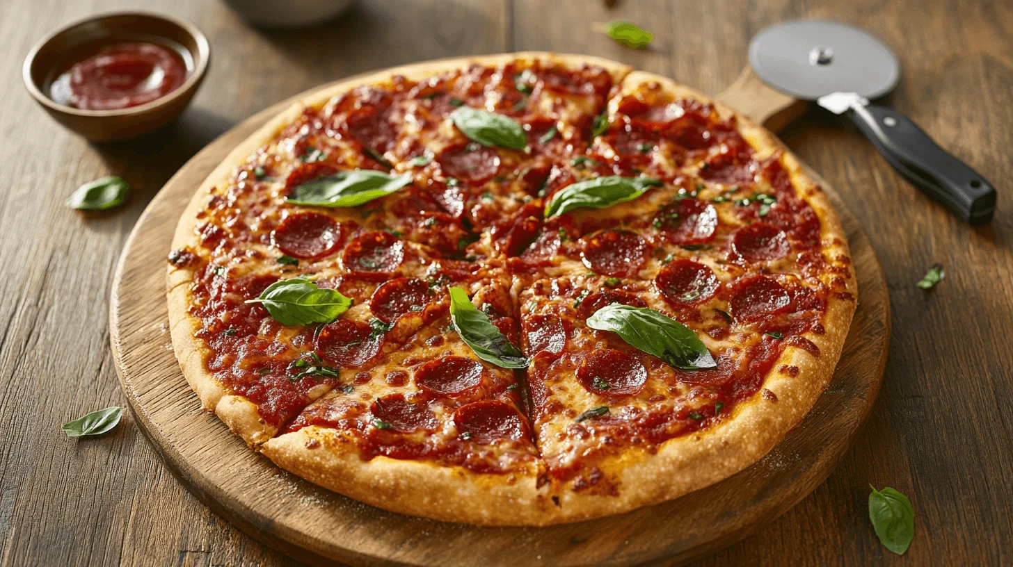 Freshly baked pizza with Mark’s sweet pizza sauce and basil leaves.