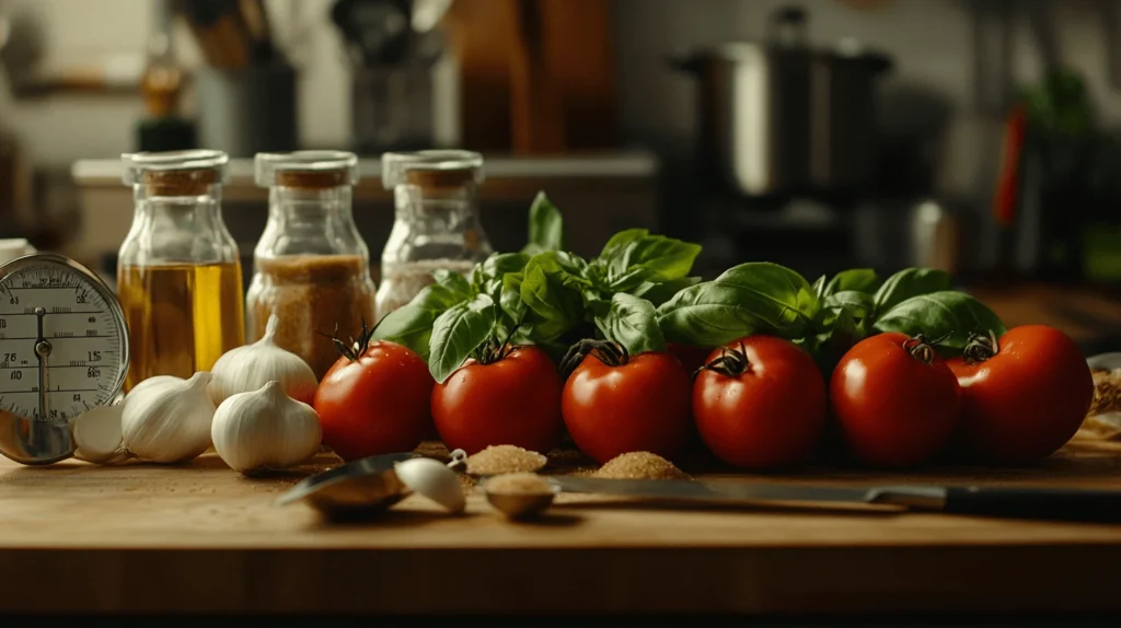 Fresh tomatoes, garlic, onions, olive oil, and basil leaves for Mark’s sweet pizza sauce recipe.