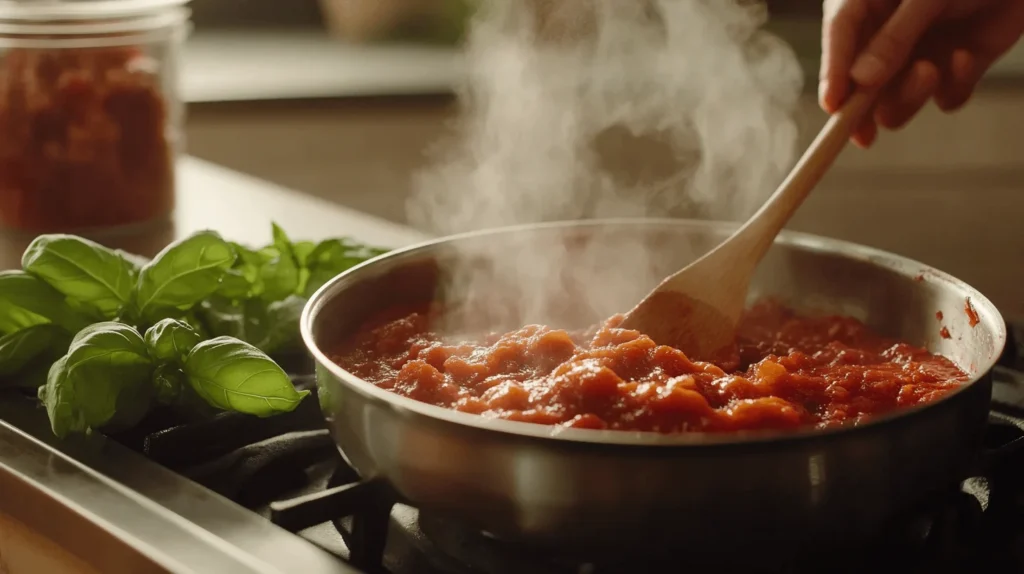 Mark’s sweet pizza sauce being stirred in a saucepan with a wooden spoon.