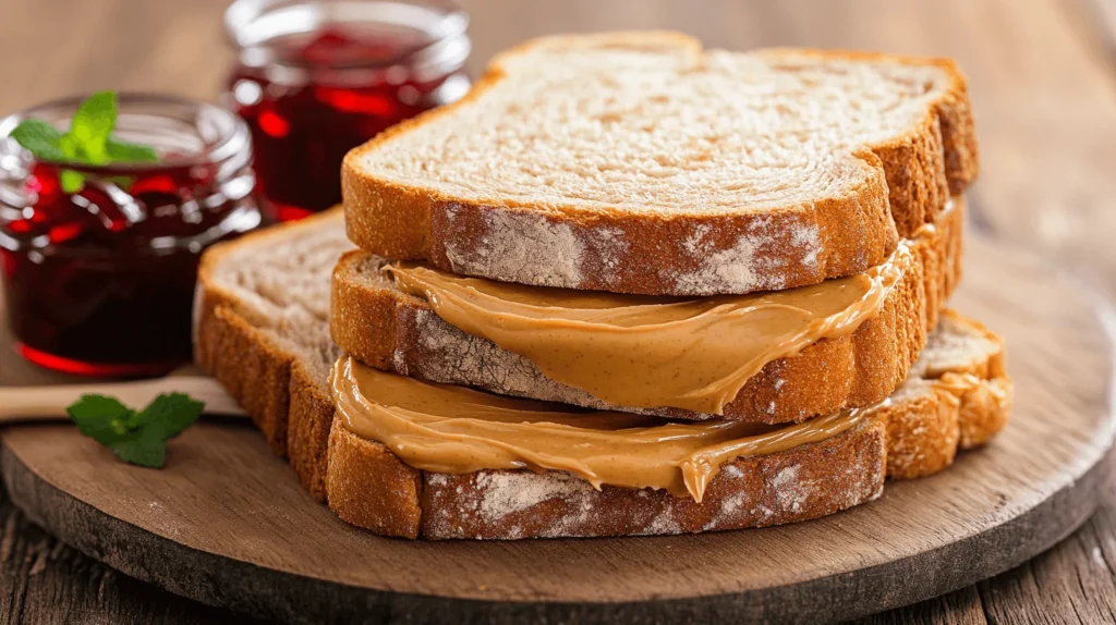 A slice of bread topped with grainy peanut butter, garnished with a sprinkle of seeds and nuts.