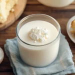 A glass of kefir placed next to a freshly baked cake, showcasing kefir as a substitute for buttermilk in baking.