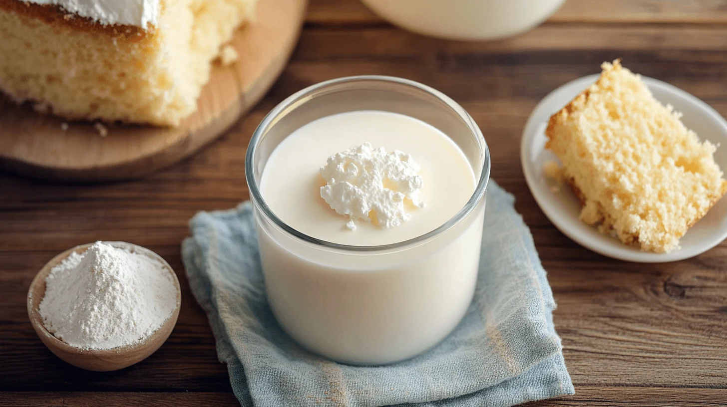 A glass of kefir placed next to a freshly baked cake, showcasing kefir as a substitute for buttermilk in baking.