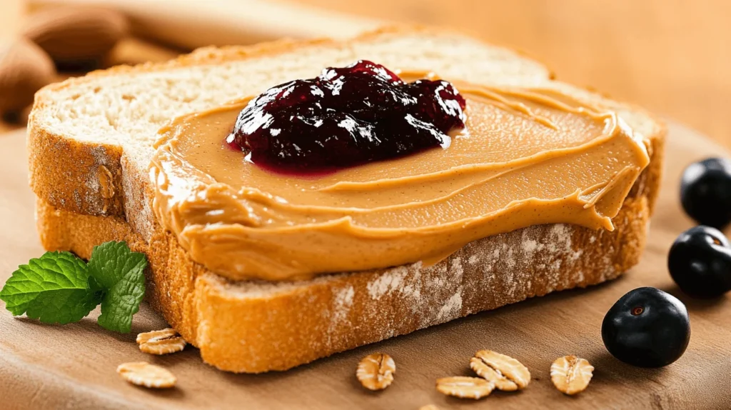 Peanut butter spread on a slice of rye bread