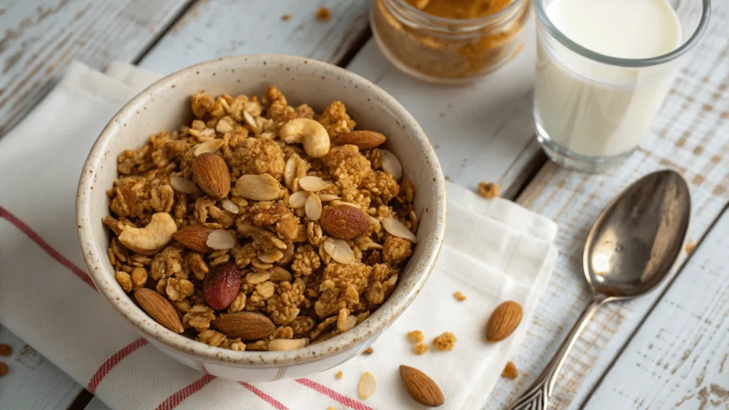 Bowl of golden-brown vanilla nut granola with honey drizzle and almonds.