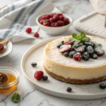 Creamy cottage cheese cheesecake topped with fresh berries and honey, a healthy and indulgent dessert.