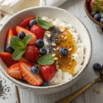 Cottage cheese bowl topped with fresh strawberries, blueberries, honey, and chia seeds – a healthy and refreshing breakfast or dessert idea.