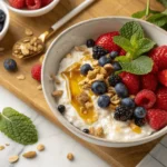 Cottage cheese bowl topped with fresh berries, honey, and granola for a healthy and delicious snack.