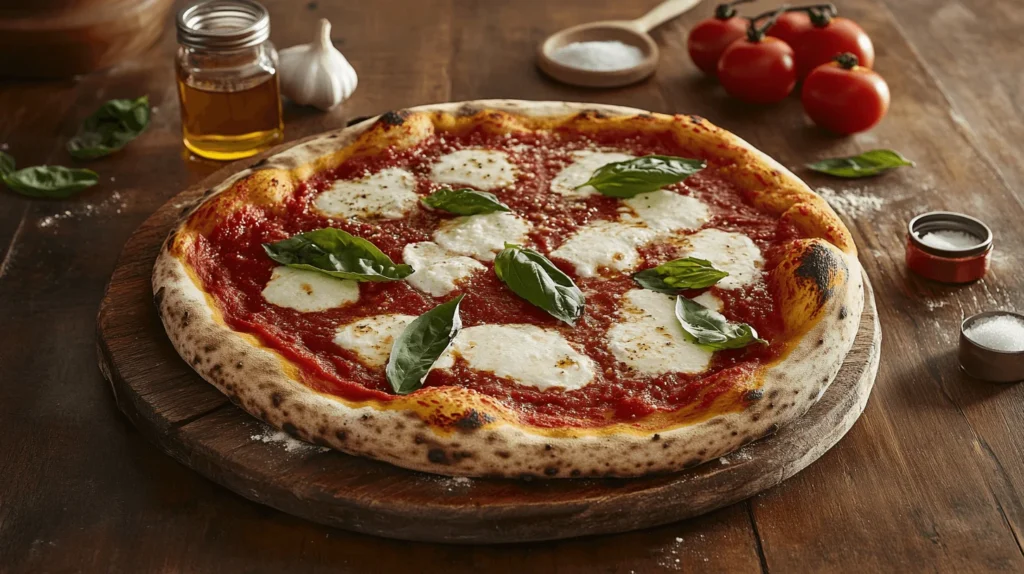 Freshly baked pizza with vibrant red tomato sauce, melted cheese, and basil on a wooden board surrounded by fresh ingredients.
