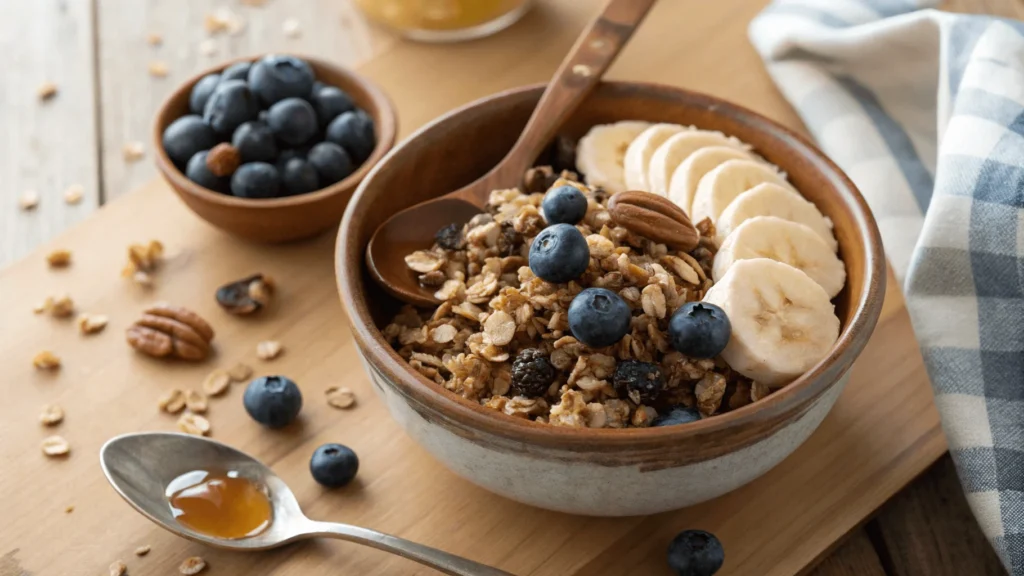 Close-up of sticky granola with oats, nuts, and seeds, drizzled with honey, served in a rustic bowl with fresh fruit.