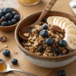 Close-up of sticky granola with oats, nuts, and seeds, drizzled with honey, served in a rustic bowl with fresh fruit.