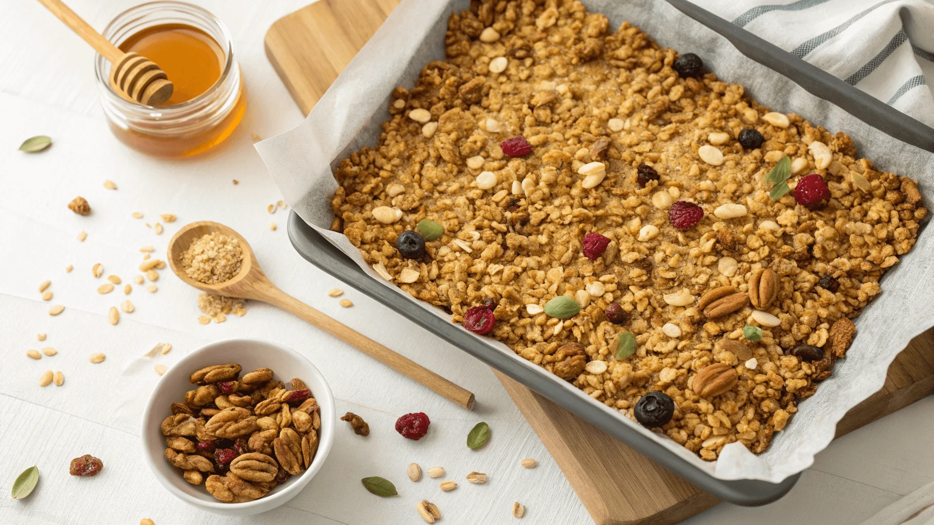 Golden brown homemade granola with nuts, seeds, and dried fruits on a baking tray