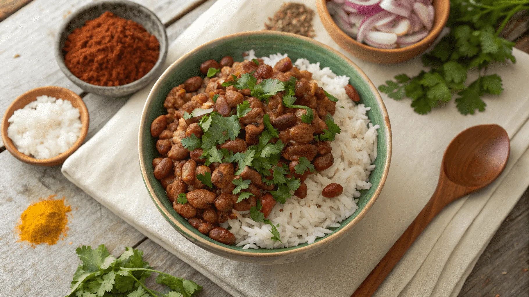 A steaming bowl of pinto beans with chorizo and rice, garnished with fresh cilantro, set against a rustic wooden backdrop.